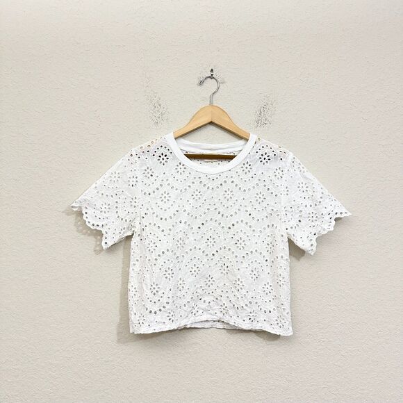 Nation LTD Tops - NATION LTD. Eyelet Cropped Top Blouse White Embroidered Short Sleeve